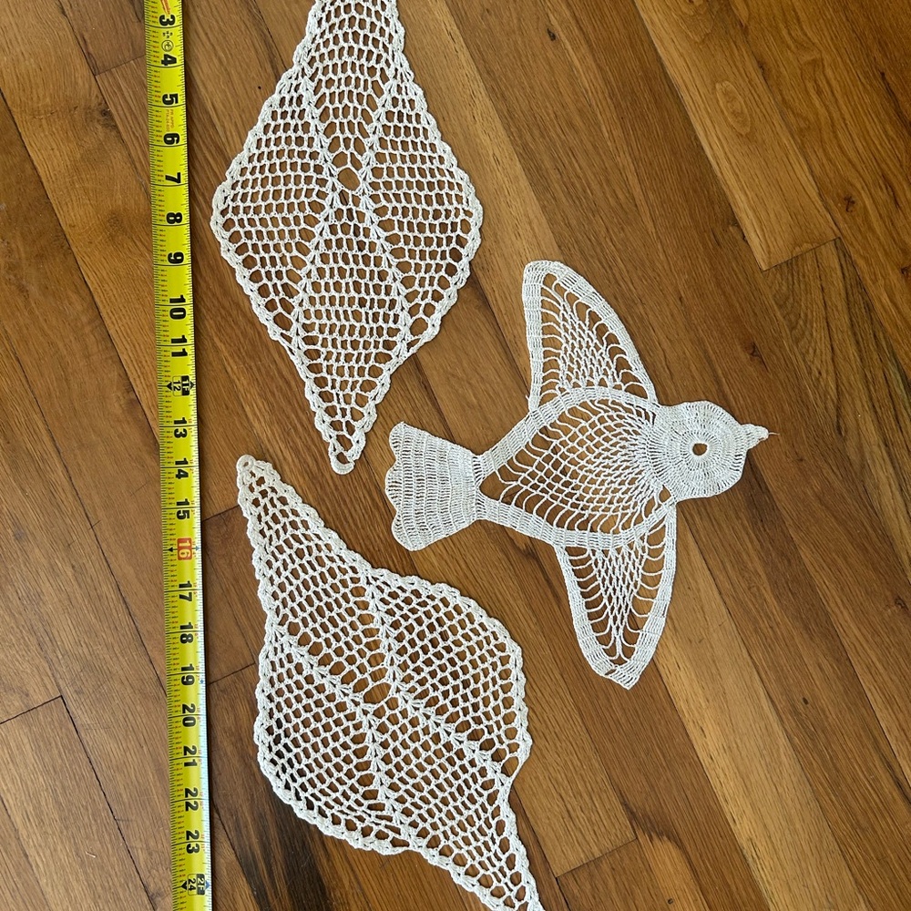 Vintage Crocheted Love bird and Leaf Lace Doilies